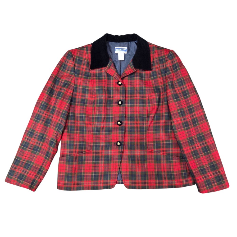 Vtg Pendleton Blazer Womens Petite 16 Red Tartan Plaid Virgin Wool Made USA 90s